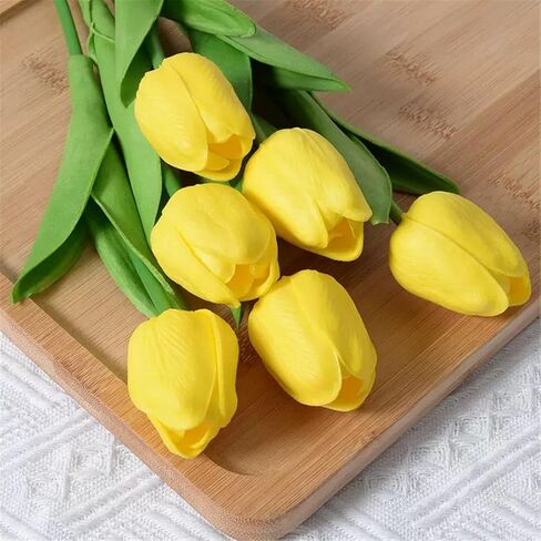 Yellow Faux Tulips Real Touch (20 Pcs) - 13.5 Inch Premium PU Artificial Flowers for Valentine's Day, Spring & Easter Home Decor, Wedding Bouquet in Saudi Arabia