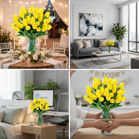 Yellow Faux Tulips Real Touch (20 Pcs) - 13.5 Inch Premium PU Artificial Flowers for Valentine's Day, Spring & Easter Home Decor, Wedding Bouquet in Saudi Arabia