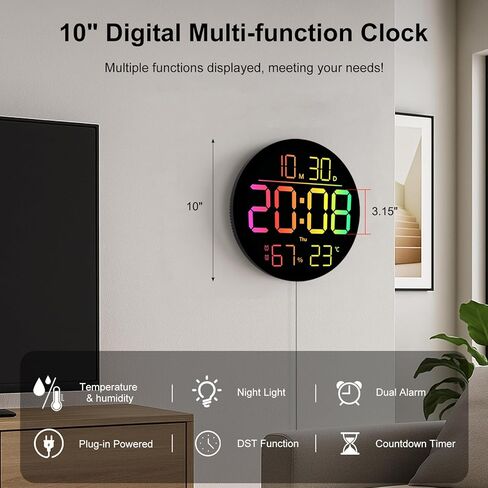 ساعة حائط رقمية كبيرة الحجم مقاس 10 بوصات RGB ملونة مع جهاز تحكم عن بعد، خافت تلقائي، التوقيت الصيفي، درجة الحرارة، الرطوبة، تشغيل/إيقاف تلقائي - ضوء، ساعات منبه رقمية مدمجة لغرف النوم وغرفة المعيشة والفصول الدراسية in Kuwait