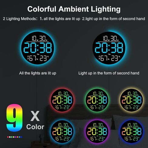 ساعة حائط رقمية كبيرة الحجم مقاس 10 بوصات RGB ملونة مع جهاز تحكم عن بعد، خافت تلقائي، التوقيت الصيفي، درجة الحرارة، الرطوبة، تشغيل/إيقاف تلقائي - ضوء، ساعات منبه رقمية مدمجة لغرف النوم وغرفة المعيشة والفصول الدراسية in Kuwait