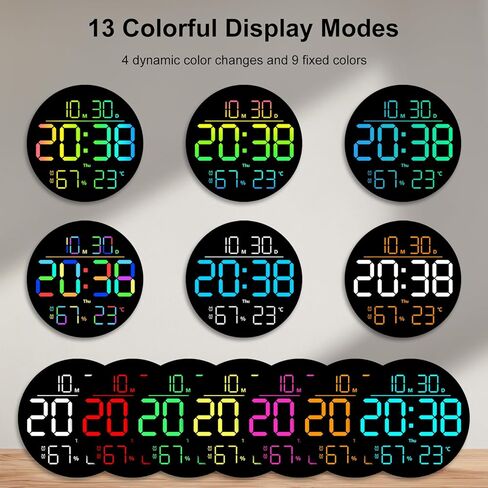 ساعة حائط رقمية كبيرة الحجم مقاس 10 بوصات RGB ملونة مع جهاز تحكم عن بعد، خافت تلقائي، التوقيت الصيفي، درجة الحرارة، الرطوبة، تشغيل/إيقاف تلقائي - ضوء، ساعات منبه رقمية مدمجة لغرف النوم وغرفة المعيشة والفصول الدراسية in Kuwait