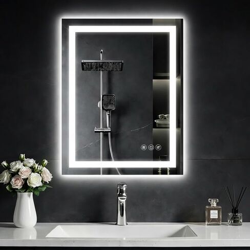 مرآة حمام LED مقاس 24 بوصة × 32 بوصة مزودة بإضاءة، يمكن التحكم في الإضاءة الأمامية والخلفية، مضادة للضباب، مرآة LED بثلاثة ألوان، قابلة للتعتيم، مرآة حائط LED مع أضواء، وظيفة الذاكرة، زجاج مقسى، مدرج في قائمة ETL in Kuwait