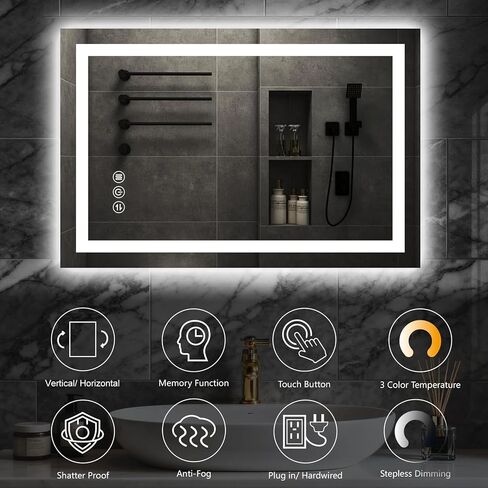 مرآة حمام LED مقاس 24 بوصة × 32 بوصة مزودة بإضاءة، يمكن التحكم في الإضاءة الأمامية والخلفية، مضادة للضباب، مرآة LED بثلاثة ألوان، قابلة للتعتيم، مرآة حائط LED مع أضواء، وظيفة الذاكرة، زجاج مقسى، مدرج في قائمة ETL in Kuwait