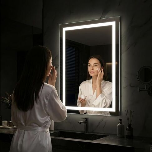 مرآة حمام LED مقاس 24 بوصة × 32 بوصة مزودة بإضاءة، يمكن التحكم في الإضاءة الأمامية والخلفية، مضادة للضباب، مرآة LED بثلاثة ألوان، قابلة للتعتيم، مرآة حائط LED مع أضواء، وظيفة الذاكرة، زجاج مقسى، مدرج في قائمة ETL in Kuwait