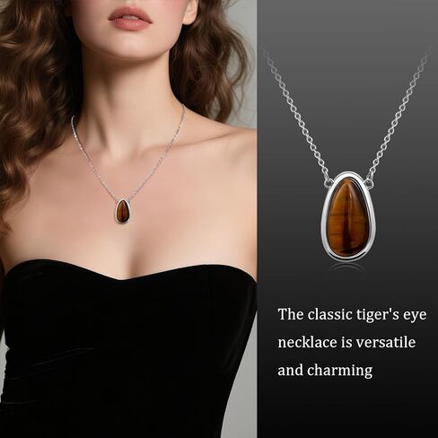 Tigers Eye Silver and Brown Pendant Thin Chain Minimalist Simple Adjustable Necklace for Women in Saudi Arabia
