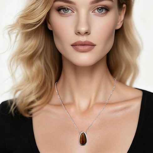 Tigers Eye Silver and Brown Pendant Thin Chain Minimalist Simple Adjustable Necklace for Women in Saudi Arabia