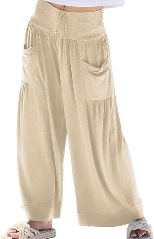 Athlisan فضفاض واسع الساق Sweatpants عادية فضفاض Smocked عالية الخصر بالازو السراويل صالة بنطلون مع جيوب in Kuwait