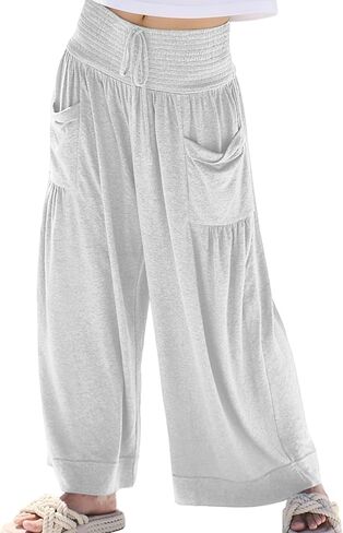 Athlisan فضفاض واسع الساق Sweatpants عادية فضفاض Smocked عالية الخصر بالازو السراويل صالة بنطلون مع جيوب in Kuwait