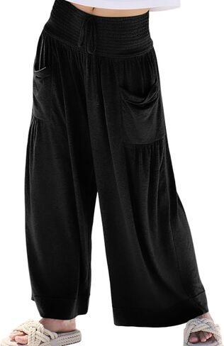 Athlisan فضفاض واسع الساق Sweatpants عادية فضفاض Smocked عالية الخصر بالازو السراويل صالة بنطلون مع جيوب in Kuwait