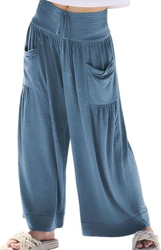 Athlisan فضفاض واسع الساق Sweatpants عادية فضفاض Smocked عالية الخصر بالازو السراويل صالة بنطلون مع جيوب in Kuwait