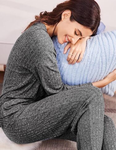 Ekouaer طقم صالة نسائي مضلع متماسك بأكمام طويلة ورقبة هينلي وسراويل طويلة قطعتين ملابس نوم ناعمة ملابس متطابقة in Kuwait