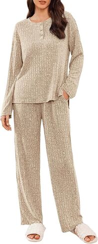 Ekouaer Womens Ribbed Knit Lounge Set Long Sleeve Henley Neck Top and Long Pants Two Piece Soft Sleepwear Matching Outfits in Saudi Arabia