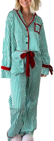 Juakoso Women Satin Christmas Pajama Set 2 Piece Silky Bow Tie Long Sleeve Shirts Pants Set Xmas Lounge Set Pjs Sleepwear in Saudi Arabia