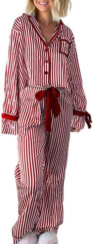 Juakoso Women Satin Christmas Pajama Set 2 Piece Silky Bow Tie Long Sleeve Shirts Pants Set Xmas Lounge Set Pjs Sleepwear in Saudi Arabia