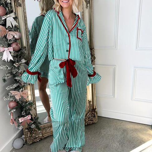 Juakoso Women Satin Christmas Pajama Set 2 Piece Silky Bow Tie Long Sleeve Shirts Pants Set Xmas Lounge Set Pjs Sleepwear in Saudi Arabia