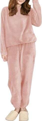 Women's Coral Fleece Pajamas Set - Coral Velvet Fluffy Sleepwear Set with Relaxed Fit, Long Sleeve Top and Pants in Saudi Arabia
