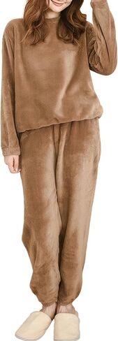Women's Coral Fleece Pajamas Set - Coral Velvet Fluffy Sleepwear Set with Relaxed Fit, Long Sleeve Top and Pants in Saudi Arabia