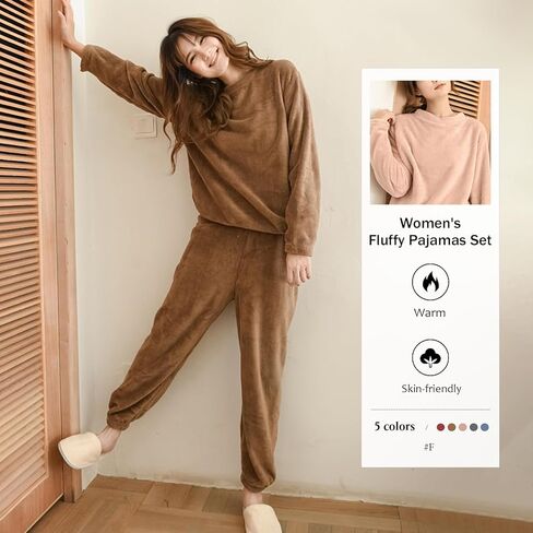 Women's Coral Fleece Pajamas Set - Coral Velvet Fluffy Sleepwear Set with Relaxed Fit, Long Sleeve Top and Pants in Saudi Arabia