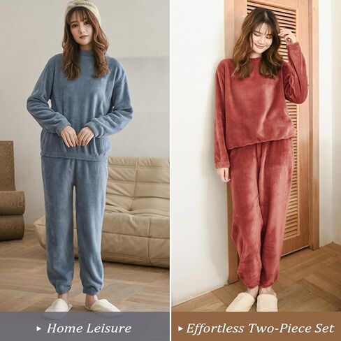Women's Coral Fleece Pajamas Set - Coral Velvet Fluffy Sleepwear Set with Relaxed Fit, Long Sleeve Top and Pants in Saudi Arabia