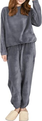Women's Coral Fleece Pajamas Set - Coral Velvet Fluffy Sleepwear Set with Relaxed Fit, Long Sleeve Top and Pants in Saudi Arabia