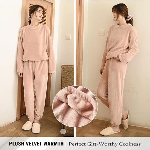 Women's Coral Fleece Pajamas Set - Coral Velvet Fluffy Sleepwear Set with Relaxed Fit, Long Sleeve Top and Pants in Saudi Arabia