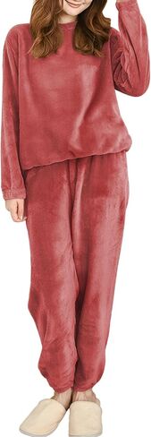 Women's Coral Fleece Pajamas Set - Coral Velvet Fluffy Sleepwear Set with Relaxed Fit, Long Sleeve Top and Pants in Saudi Arabia