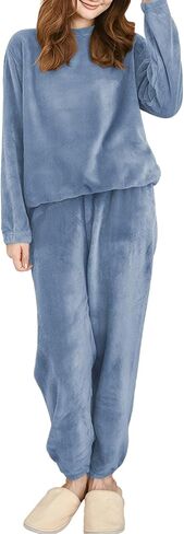 Women's Coral Fleece Pajamas Set - Coral Velvet Fluffy Sleepwear Set with Relaxed Fit, Long Sleeve Top and Pants in Saudi Arabia