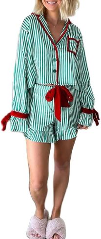 Argeousgor Women Y2K Satin Pajamas Bow Tie 2 Piece Pjs Set Long Sleeve Button Down Shirt Ruffle Shorts Sleepwear in Saudi Arabia