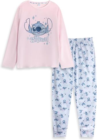 طقم بيجامة نسائي وردي بأكمام طويلة من Disney Lilo & Stitch Velor Fleece | ملابس نوم مطبوعة بشخصيات كرتونية، ملابس نوم لوقت النوم in Saudi Arabia