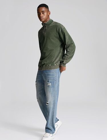Wyeysyt Mens Oversized Sweatshirt Quarter Zip Cotton Vintage Pullover Stand Collar Long Sleeve Acid Wash Streetwear Top(ArmyGreen-M) in Saudi Arabia