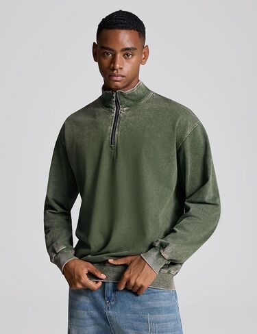Wyeysyt Mens Oversized Sweatshirt Quarter Zip Cotton Vintage Pullover Stand Collar Long Sleeve Acid Wash Streetwear Top(ArmyGreen-M) in Saudi Arabia