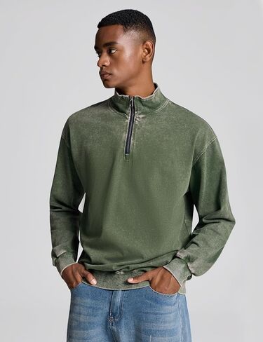 Wyeysyt Mens Oversized Sweatshirt Quarter Zip Cotton Vintage Pullover Stand Collar Long Sleeve Acid Wash Streetwear Top(ArmyGreen-M) in Saudi Arabia