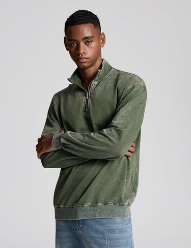 Wyeysyt Mens Oversized Sweatshirt Quarter Zip Cotton Vintage Pullover Stand Collar Long Sleeve Acid Wash Streetwear Top(ArmyGreen-M) in Saudi Arabia