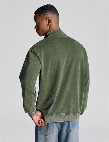 Wyeysyt Mens Oversized Sweatshirt Quarter Zip Cotton Vintage Pullover Stand Collar Long Sleeve Acid Wash Streetwear Top(ArmyGreen-M) in Saudi Arabia
