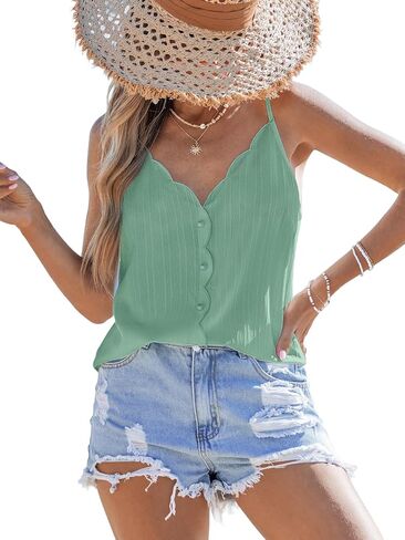 Women’s Scallop Trim Tops Adjustable Spaghetti Strap V Neck Tank Top Sleeveless in Saudi Arabia