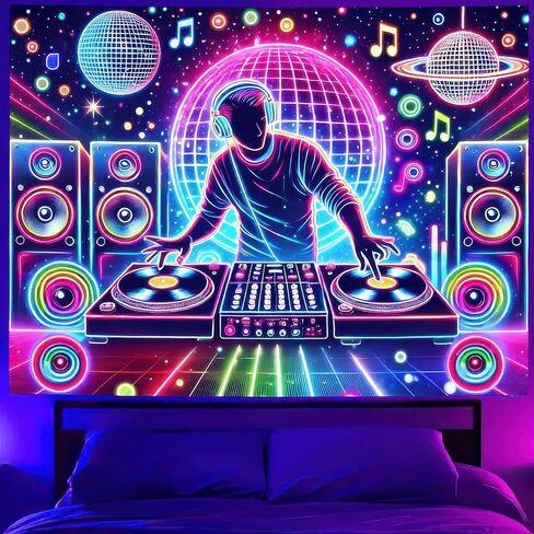 BlissYard Blacklight نسيج DJing ضوء أسود معلق خلفية موسيقى DJ يتوهج في الظلام ملصق هيبي جدار الأشعة فوق البنفسجية نسيج لغرفة النوم الديكور غرفة المعيشة العمل الفني غرفة المنزل ديكور خلفية الحفلات in Kuwait