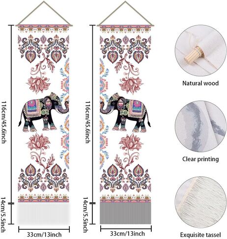 AHANDMAKER قطعتان من نسيج الفيل الهندي، سجاد جداري على شكل فيل جايبور التقليدي للتعليق على الحائط، مفروشات جدارية بشرابة الحظ السعيد لغرفة المعيشة، مدخل ديكور فني للحائط (45.7 × 13 بوصة) in Kuwait