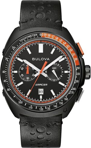 Bulova Men's Racer Chronograph Watch Black Leather Perforated Strap, Black Dial, Luminous Markers, Orange Accents, Tachymeter 42mm (Style: 98B428) in Saudi Arabia