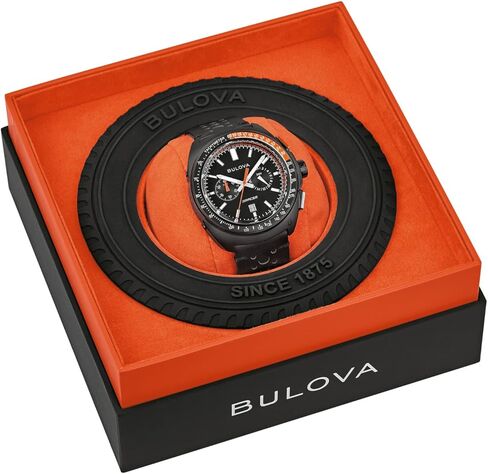 Bulova Men's Racer Chronograph Watch Black Leather Perforated Strap, Black Dial, Luminous Markers, Orange Accents, Tachymeter 42mm (Style: 98B428) in Saudi Arabia