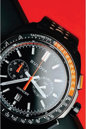 Bulova Men's Racer Chronograph Watch Black Leather Perforated Strap, Black Dial, Luminous Markers, Orange Accents, Tachymeter 42mm (Style: 98B428) in Saudi Arabia