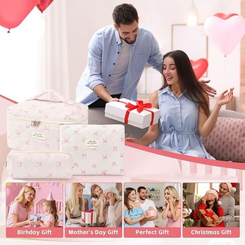 حقيبة مكياج مكونة من 3 قطع، حقائب مستحضرات تجميل لطيفة للنساء، مجموعة حقائب مكياج مبطنة ذات سعة كبيرة للسفر، حقيبة مكياج من القطن على شكل زهور، حقيبة أدوات الزينة المنتفخة، حقيبة مبطنة جذابة (فيونكة وردية) in Kuwait