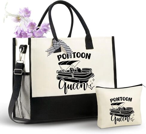 InnoBeta Pontoon Boat Gifts for Owners & Lovers, Pontoon Queen Gifts for Women, Canvas Tote Bag with Top Zipper Closure and Shoulder Strap for Birthday, Mother's Day, Christmas in Saudi Arabia
