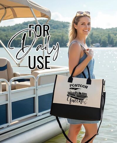 InnoBeta Pontoon Boat Gifts for Owners & Lovers, Pontoon Queen Gifts for Women, Canvas Tote Bag with Top Zipper Closure and Shoulder Strap for Birthday, Mother's Day, Christmas in Saudi Arabia