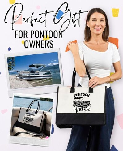 InnoBeta Pontoon Boat Gifts for Owners & Lovers, Pontoon Queen Gifts for Women, Canvas Tote Bag with Top Zipper Closure and Shoulder Strap for Birthday, Mother's Day, Christmas in Saudi Arabia