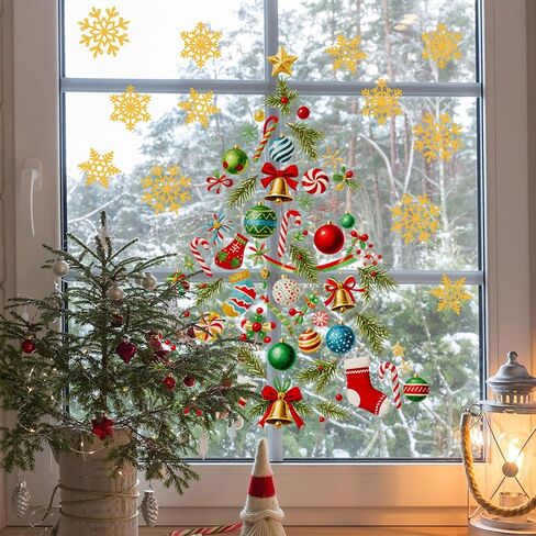 Christmas Window Clings,Xmas Tree Ball Ribbons Window Stickers, Double-Sided Winter Window Stickers for Glass, Cute Christmas Windows Decals for Holiday Party Home Office Glass Decorations in Saudi Arabia