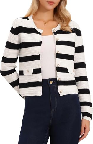 Allegra K Striped Cardigan for Women's Color Block Long Sleeve Button Down Crewneck Knit Sweater Tops in Saudi Arabia