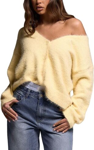 Verdusa Women's Fuzzy Button Up Cardigan V Neck Sweaters Casual Streetwear Knit Outerwear in Saudi Arabia