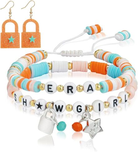 Orange–Green Beaded Bracelet Set for Friends, Family, with Letter Beads & Charms – Trendy Inspired Jewelry Gift, Perfect for Fans & Music Lovers, Christmas Halloween Holiday Birthday Gifts in Saudi Arabia