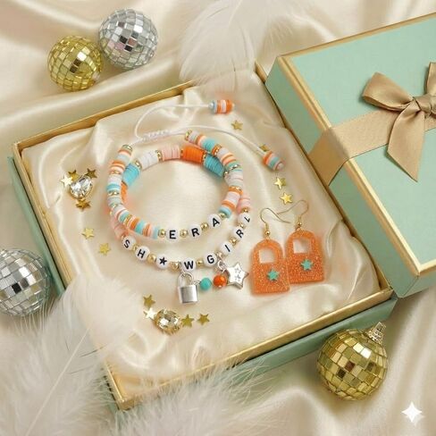 Orange–Green Beaded Bracelet Set for Friends, Family, with Letter Beads & Charms – Trendy Inspired Jewelry Gift, Perfect for Fans & Music Lovers, Christmas Halloween Holiday Birthday Gifts in Saudi Arabia
