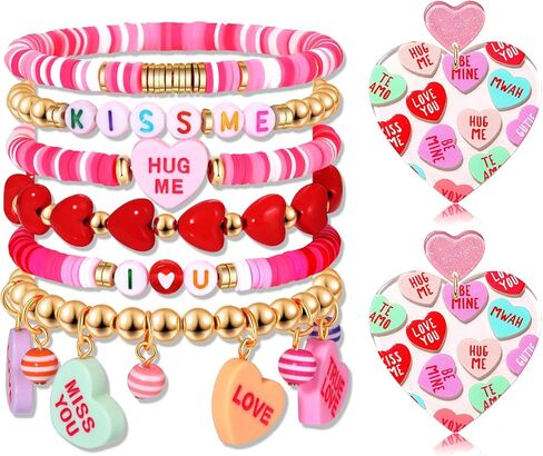 BVGA 6 Pcs Valentines Bracelets for Women Conversation Candy Heart Acrylic Earrings Pink Red Heishi Clay Gold Beaded Stretch Bracelets Valentines Jewelry Accessories Gifts for Her in Saudi Arabia